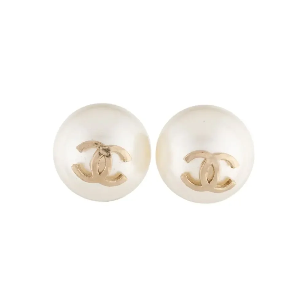 Chanel Gold-tone White Faux Pearl Interlocking CC Stud Earrings